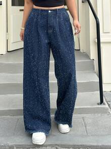 Dazy Plus Quần jeans ống rộng dài, chất liệu vải có họa tiết, cạp quần màu xanh nhạt và gấu quần thiết kế tua rua, thích hợp cho mọi mùa. - Rửa trung bình - Xem 7