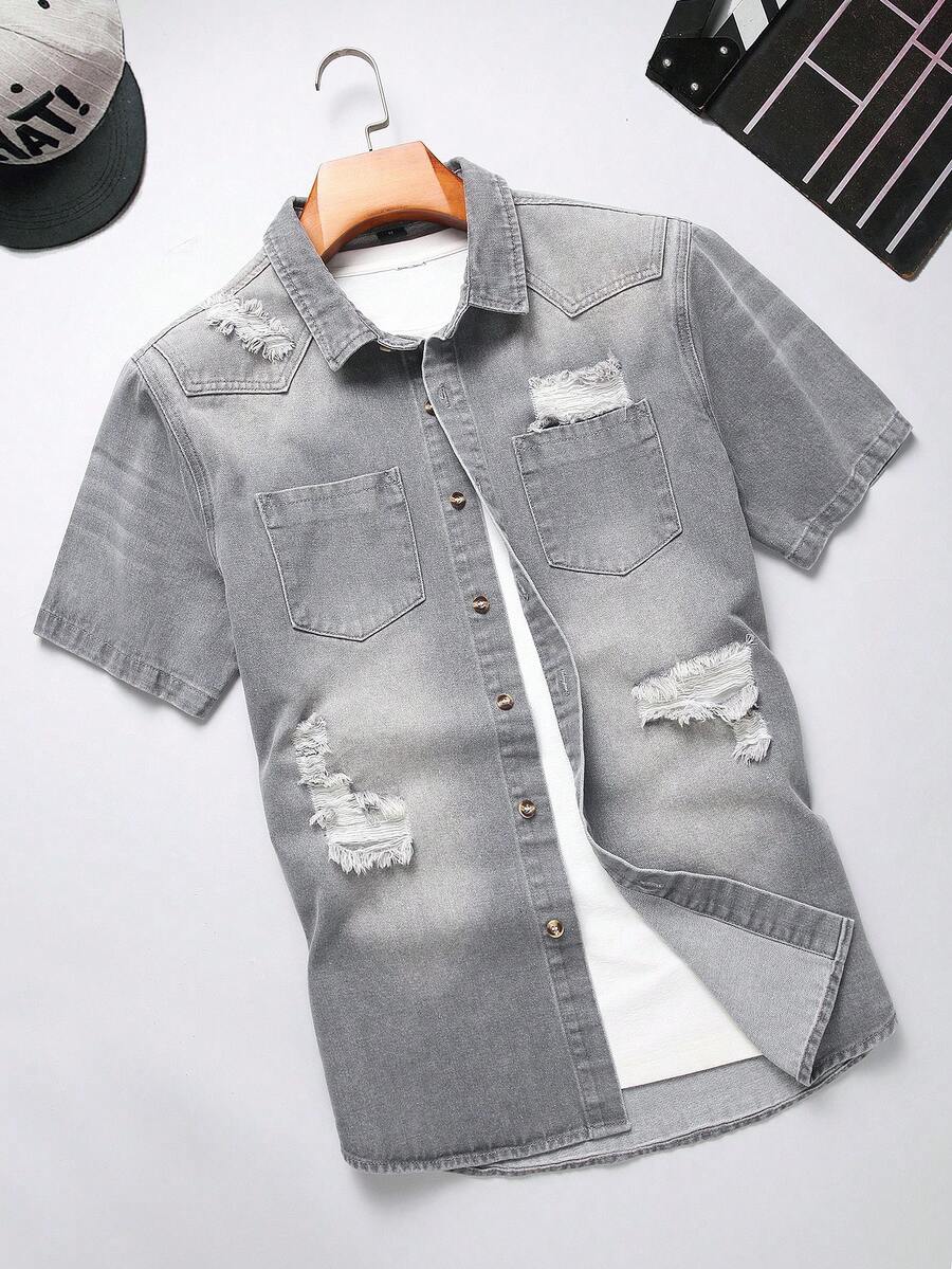 Manfinity LEGND Men's Casual Distressed Dark Grey Denim Short Sleeve Shirt, Street Style - Dark Grey - View 1