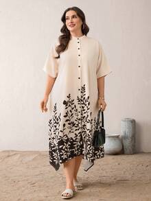 SHEIN Essnce 大码女装春夏时尚休闲宽松舒适日常短袖杏色中长连衣裙，饰有树叶印花，夏季服装，长袍，度假装 - 杏色 - 查看 4