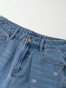 GlowEve Casual Washed Ditsy Floral Embroidered Wide-Leg Jeans - Blue - View 5