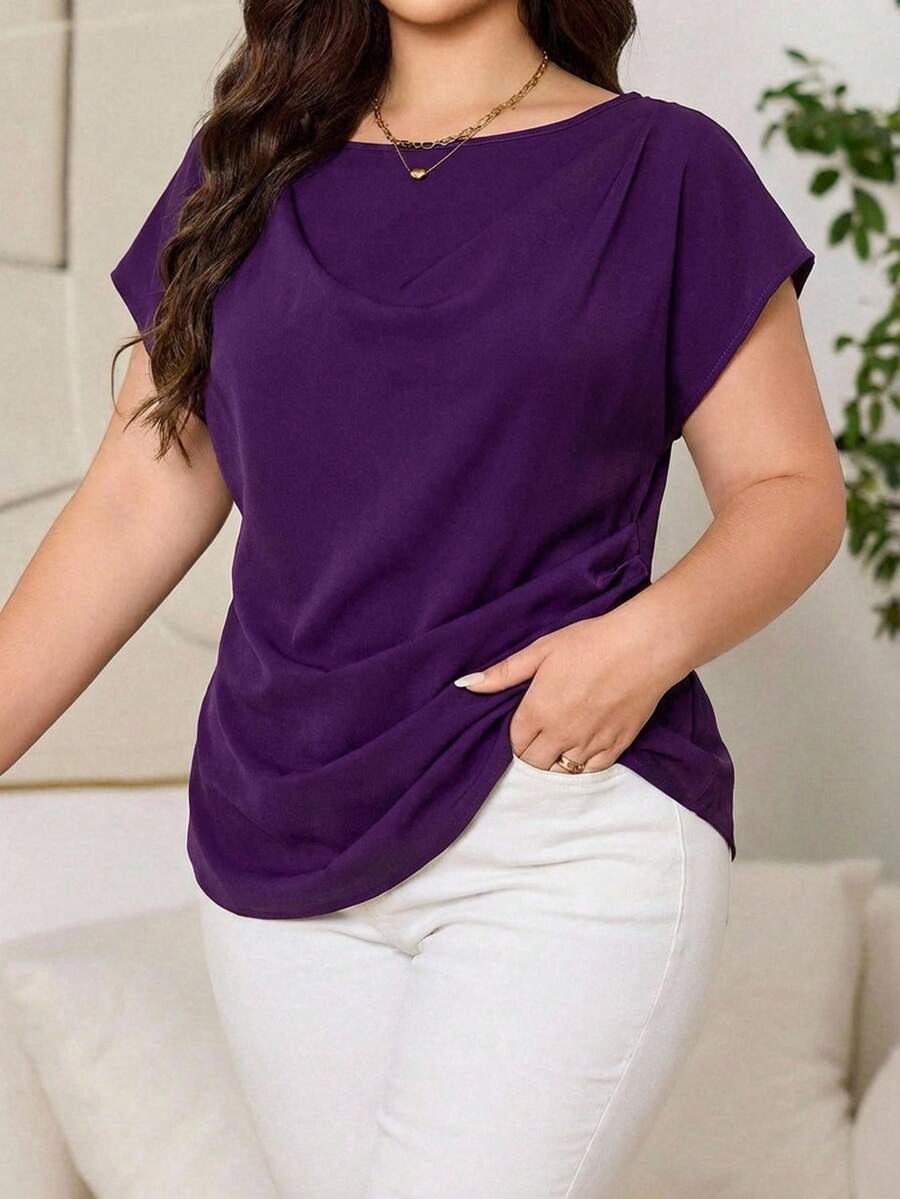 Reflora Plus Size Solid Color Boat Neck Draped Short Sleeve Blouse, Elegant Summer - Purple - View 1