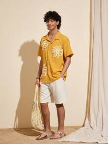 Felipe Marques Men's Floral Embroidery Textured Fabric Loose Fit Short Sleeve Shirt, Casual For Holiday, Party, Beach, Spring/Autumn - Orange - View 5