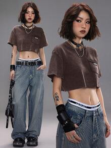 Coolane Summer Outfits For Women Streetwear Casual Vintage Going Out Y2K Festival Dirty Round Neck Short T-Shirt, Brown Crop Top, Cropped Tees, Cotton Tops,Casual Outfit For Women, Shirts For Woman Crop,Summer Top - Brown - View 5