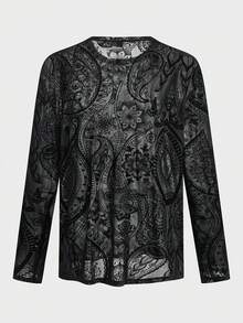 EASEVO 男士加大码网眼透视圆领休闲长袖T恤 - 黑色 - 查看 4