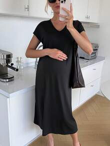 SHEIN Vestido casual de manga corta con cuello en V de unicolor para maternidad, /verano - Negro - Ver 1