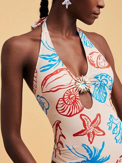 Travachic Women's All-Over Print Metal Decor Halter Hollow One-Piece Swimsuit,Beach,Beach Outfits For Women,Beach Set,Going Out,Vacation,Vacation Outfits Women,Holiday,Summer,Summer Clothes,Summer Outfits For Women,Valentine's Day,Carnival,Carnival Costume,Party ,Going Out,Going Out Outfits,Casual,Elegant,Y2k,Flower,White ,Red