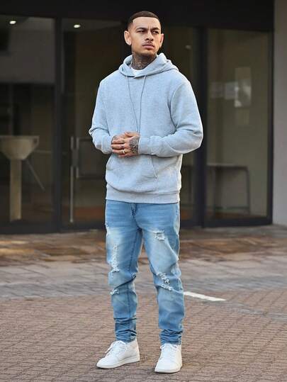 Devon Thys 1 件男士修身弹力破洞休闲工装裤，街头风格透气厚实纯色牛仔裤，适合城市散步、亲子户外活动、四季皆宜