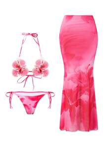 Swim SXY 三件套印花挂脖三角比基尼套装，系带泳裤，时尚优雅泳装 - 彩色 - 查看 2