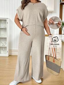 SHEIN 2 piezas Conjunto de maternidad de talla grande, unicolor, cuello redondo, casual y holgado con costillas - Caqui - Ver 1