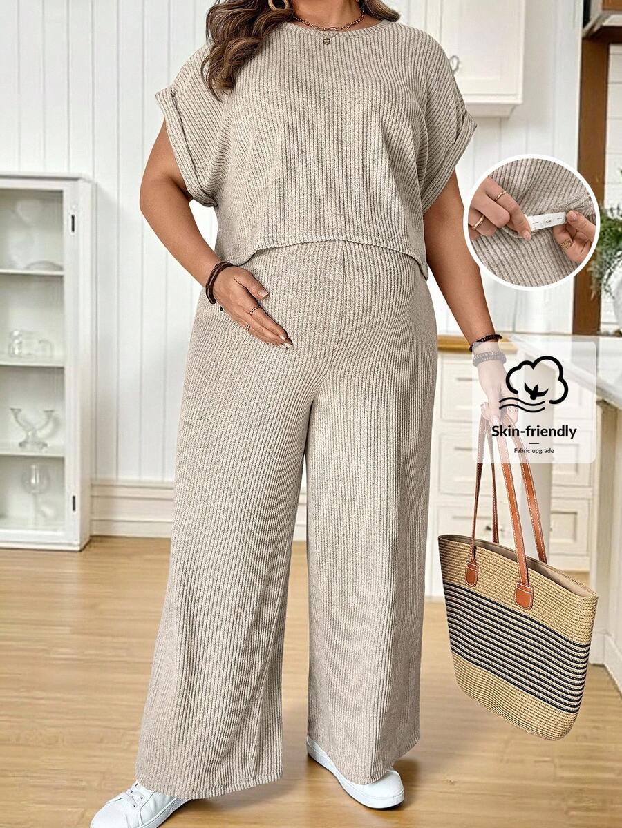 SHEIN 2 piezas Conjunto de maternidad de talla grande, unicolor, cuello redondo, casual y holgado con costillas - Caqui - Ver 1