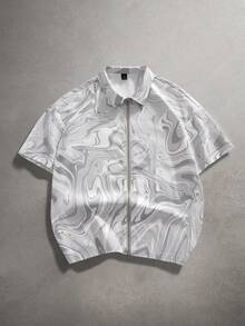STYNVO Men's Marble Pattern Short Sleeve Zip Collar Casual Shirt Crop Men S Shirt Silver Men Shirt Reflective Shirt Abstract Men Summer Shirt Men S Mesh Vacation Shirt - White - View 1