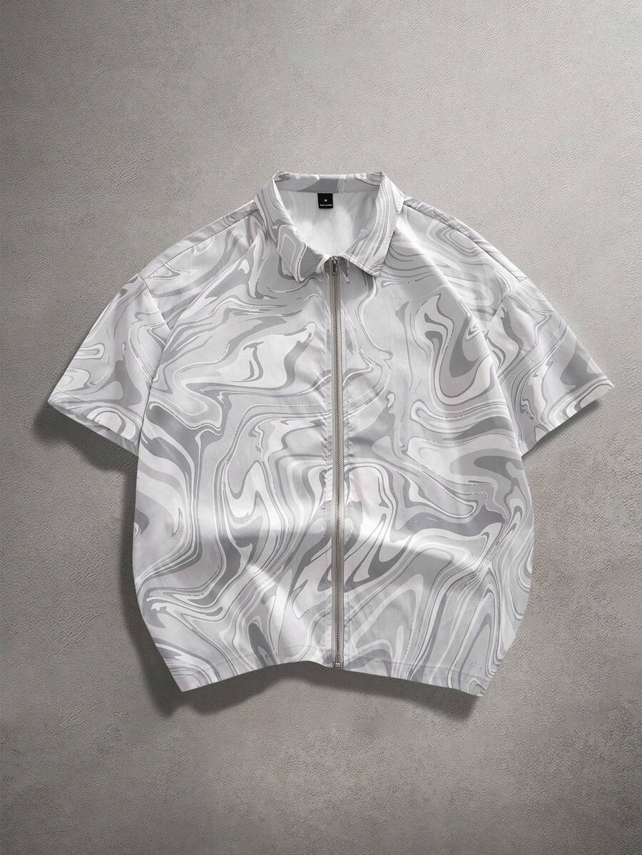 STYNVO Men's Marble Pattern Short Sleeve Zip Collar Casual Shirt Crop Men S Shirt Silver Men Shirt Reflective Shirt Abstract Men Summer Shirt Men S Mesh Vacation Shirt - White - View 1