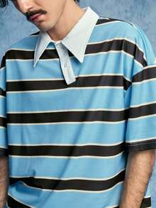 ROMWE MEN Casual Áo thun nam tay ngắn kẻ sọc cổ lệch vai, kiểu dáng thường ngày - Màu xanh lam - Xem 2