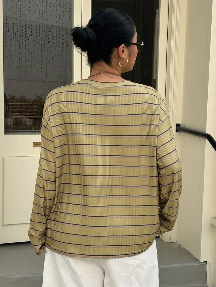 Dazy Plus Plus Size Casual Striped Drop Shoulder Long Sleeve T-Shirt, Spring/Summer