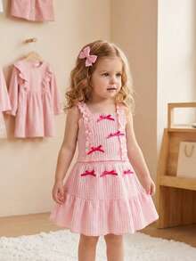 SHEIN Setelan Musim Panas Bayi Perempuan, Atasan Camisole Motif Bunga Lucu + Rok Menggemaskan, 2 Potongan - Berwarna merah muda - View 8