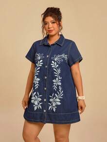 Travachic 大码女式牛仔修身印花短袖衬衫裙 - 深色水洗藍 - 查看 5