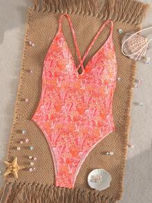 Swim Vcay Swim Bonvoyette 连体泳衣，彩色贝壳随机印花，细肩带，深V露背交叉设计，高衩性感剪裁，适合春夏度假；珊瑚色泳衣；芙蓉花泳衣；沙滩装；橙色连体泳衣；女士夏季紧身连体泳衣；收腹泳衣；女士连体泳衣；Takini 连体泳衣；贝壳印花泳衣；橙色连体泳衣；女士沙滩装；女士泳衣；女士泳装 - 彩色 - 查看 3