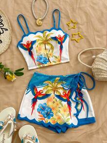 Soleia Women's Palm Tree Print Camisole Top And Tie Waist Skort 2 Pieces Set, Vacation - Multicolor - View 1