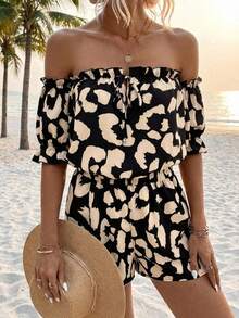 SHEIN Clasi Women's Leopard Print Off-Shoulder Tie Front Blouse And Shorts 2-Piece Set, Two Piece Set Women, Conjunto De 2 Piezas Para Mujer Elgante, Leopard Print - Multicolor - View 2