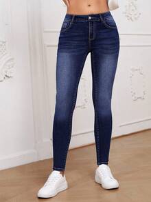 SHEIN Essnce Women's Pocket Skinny Casual Versatile Denim Jeans - Dark Wash - View 4