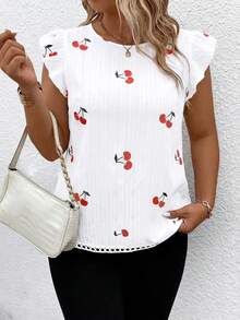 Breezaya Plus Size Cherry Print Textured Fabric Ruffle Asymmetrical Hem Short Cap Sleeve Round Neck Casual Shirt - White - View 2