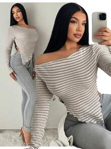 SHEIN SXY Top de manga larga a rayas con hombro asimétrico descubierto, otoño/invierno - Multicolor - Ver 7