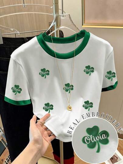 Resyla Camiseta de cuello redondo de manga corta con estampado de trébol personalizado, cómoda y ajustada, adecuada para el Día de San Patricio y el uso diario