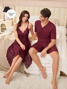 SHEIN Men's Casual V-Neck Half-Zip Short Sleeve Shorts Pajama Set, Loose Fit Solid Color Loungewear - Burgundy - View 7