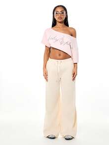 BABYPHAT 宽松运动裤，饰有贴花细节，宽松版型，阔腿设计，抽绳腰带，休闲居家裤 - 杏色 - 查看 3