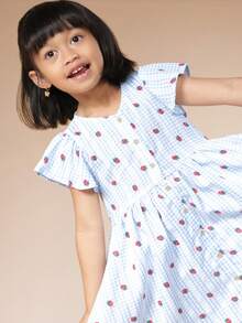 SUMWON Robe mini à manches courtes avec imprimé fraise, boutonnée devant, coupe évasée, avec manches bouffantes et taille élastique, pour le printemps et l'été, tenue décontractée et vacances - Bleu ciel - Voir 4