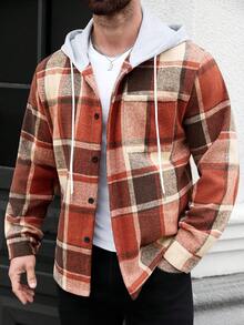 Manfinity Homme Áo khoác nam cỡ lớn kẻ caro có mũ trùm đầu, dây rút, kiểu dáng thường ngày, không kèm áo thun bên trong, quà tặng cho bạn trai. - Nhiều màu - Xem 3