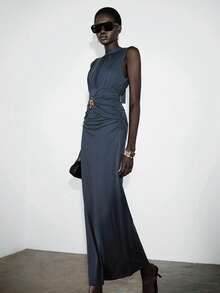 Lumivelle Women's Casual Sleeveless Dress With Neck Tie Design And Waist Metal Decor, Suitable For Spring/Summer Daily Commute - Royal Blue - View 4