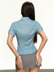 Rina Fox Áo kiểu thắt eo kẻ caro xanh dương năm 2026 dành cho nữ - Màu xanh lam - Xem 2