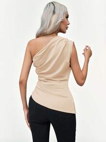 Aveloria Modichic Women's Solid Color Asymmetric Neckline Ruched Sleeveless Top, Suitable For Valentine's Day, Spring And Summer - Apricot - View 5