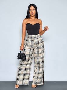 SOLERSUN Women's Spring Summer Casual Elegant Old Money Contrast Color Tartan Plaid Print Wide Leg Pants, Suitable For Vacation, Business, Office, Commute, Daily Wear - Black - View 6