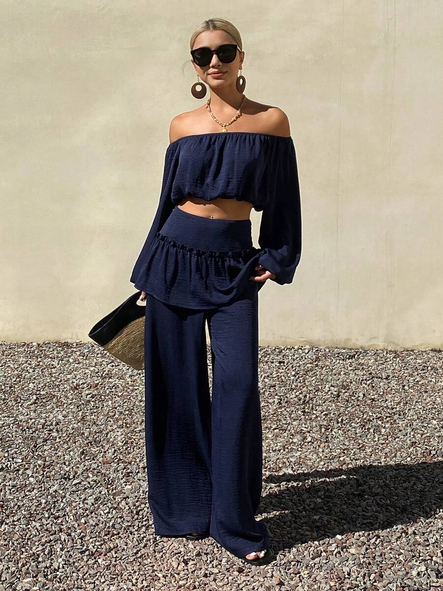 DAZY 2pcs Women Off-Shoulder Short Blouse & Wide Leg Pants Casual Vacation Outfit, Spring/Summer - Blue - View 1