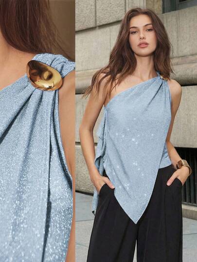 Maija Women's Glitter Asymmetric Shoulder Top  St Patrick's Day Women Easter Summer Outfits Easter Dress Women Party Top Beach Dress Summer Holiday Outfits Each Vacation Outfits For Women  Summer Outfit For Women Going Out Outfits Graduation Graduation Outfit  Casual Dresses  Casual Blouses For Women