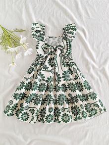 SHEIN Elladie kids 少女热带度假风荷叶边蝴蝶结装饰连衣裙，编织款，假日，夏季，旅行 - 綠色 - 查看 2