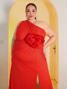 Pretty and Ole 大码女式 3D 花卉印花不对称领口连衣裙 - 紅色 - 查看 6