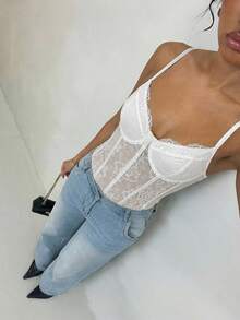 Glamine 女士时尚性感撞色蕾丝连体衣，夏季 - 白色 - 查看 1