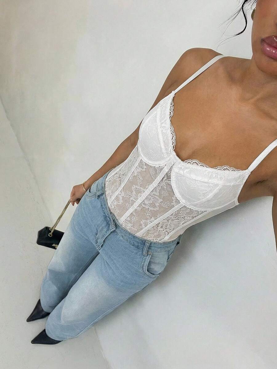 Glamine 女士时尚性感撞色蕾丝连体衣，夏季 - 白色 - 查看 1