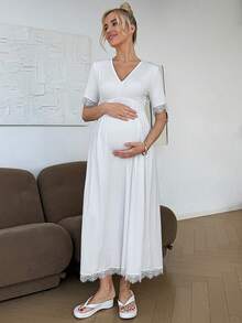 SHEIN Maternity Casual V-Neck Lace Patchwork Dress - White - View 8
