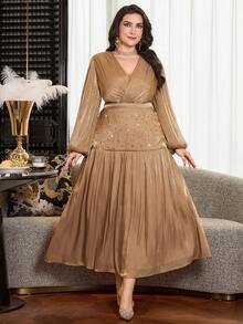 Modelyn Plus Size Women Elegant Lantern Sleeve Top & Rhinestone Embellished Skirt 2 Piece Set, Spring/Autumn - Champagne - View 4
