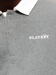 PLAYBOY X SUMWON 长袖翻领印花休闲街头风 Polo 衫，胸前饰有品牌标志，常规版型，适合春夏穿着。 - 灰色 - 查看 6