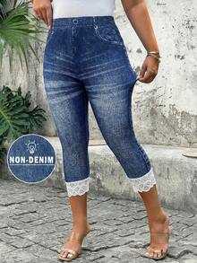 SHEIN Clasi 大码蓝色蕾丝拼接休闲打底裤 - 藍色 - 查看 1