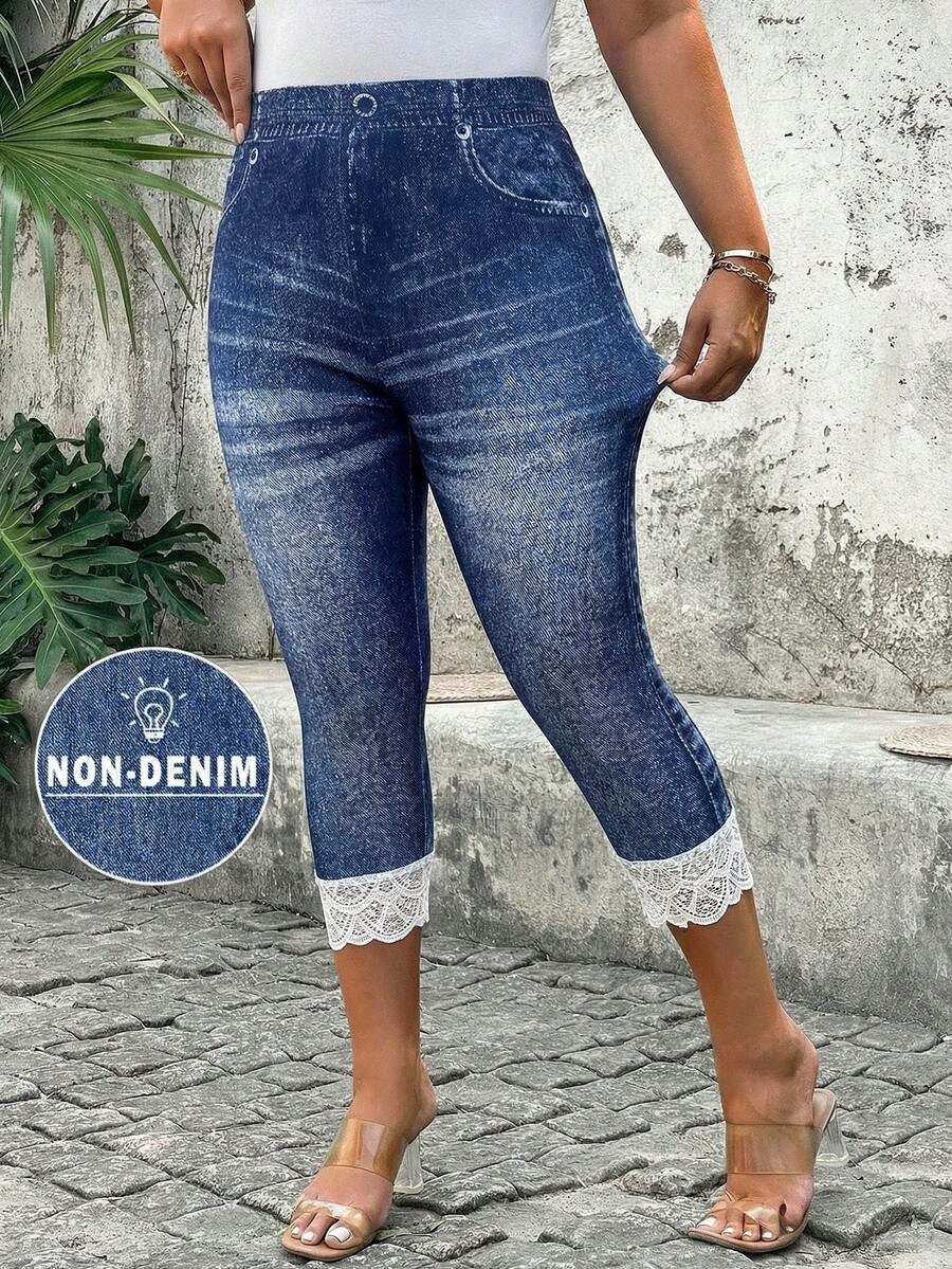 SHEIN Clasi 大码蓝色蕾丝拼接休闲打底裤 - 藍色 - 查看 1