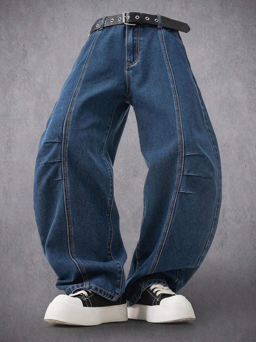 Manfinity Denimwave Men's Y2K Streetwear Loose Fit Distressed Patchwork Denim Wide Leg Jeans - Dark Wash - View 1