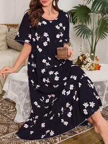 Serenescape Camisón largo con estampado floral, volantes y bordes con efecto de burbujas, lujoso atuendo de estar en casa, Moo Moo - Negro - Ver 5