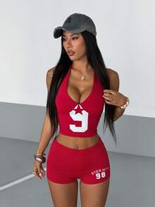 StreetHx Women's Streetwear V-Neck Cropped Halter Tank Top With Letter Print, Sexy Numeric 2-Piece Set, Spring/Summer - Red - View 3