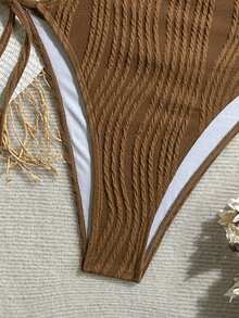 Soleia 女士橄榄绿针织提花纹理V领露背挂脖连体泳衣，适合海滩度假 - 咖啡棕 - 查看 6